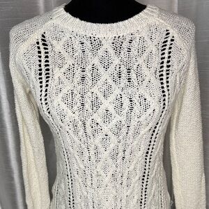 Kaisely Cable Knit Frayed Raw Hem Crew Neck Ivory Sweater Lightweight Women’s XS